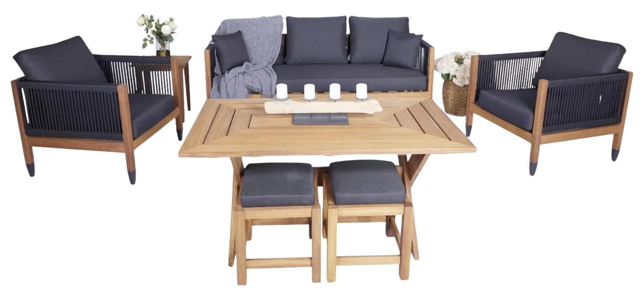 Designer Garten Set 3+1+1 Sitzer Stilvoller Terrassenmöbel Esstisch 2x Hocker
