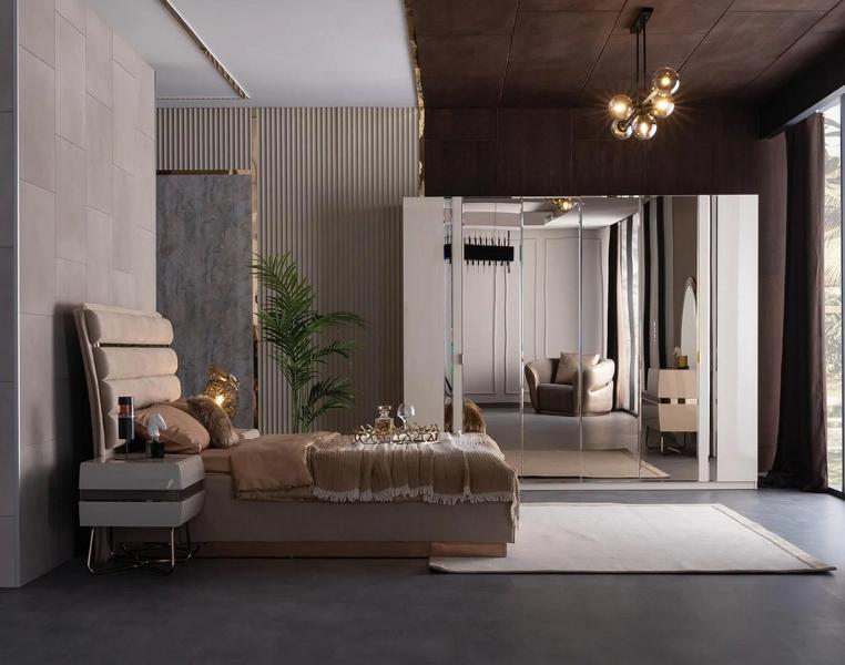Schlafzimmer Set Komplett Bett 2x Nachttische Kleiderschrank Verspiegelt
