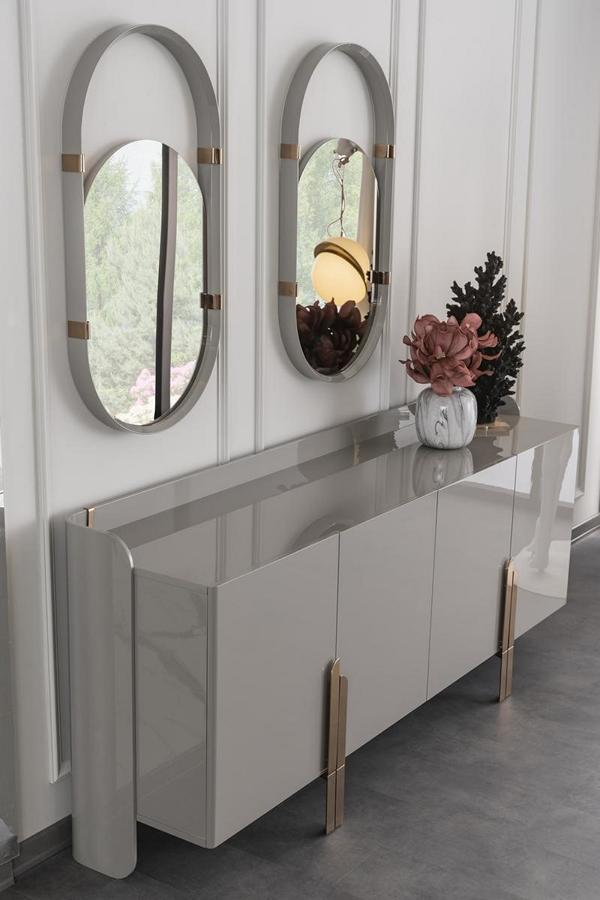 Sideboard Anrichte mit 2x Designer Spiegele Oval Hochglanz Edelstahl