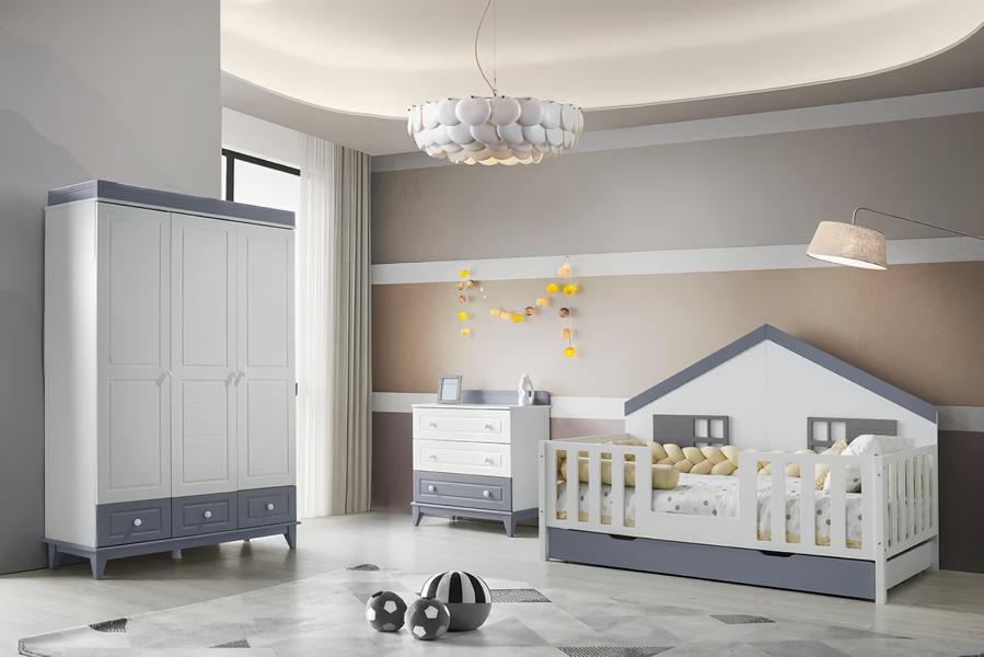 Modernes 3tlg Kinderzimmer Set mit Montessori Hausbett Kleiderschrank & Kommode