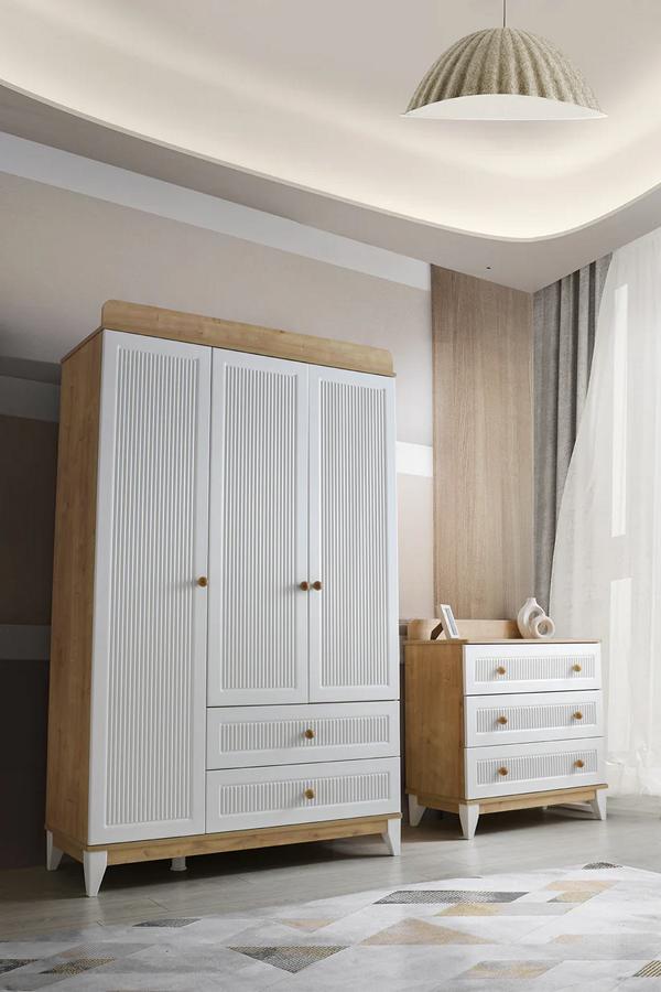 Kommode mit Kleiderschrank Holzmöbel Weiß Schlafzimmer Kinderzimmer 2tlg. Neu