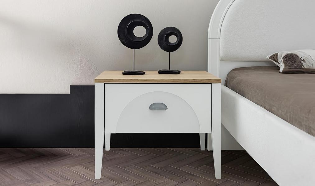 Moderner Nachttisch Holzoberfläche Stilvolles Design Weiß Schlafzimmer Möbel