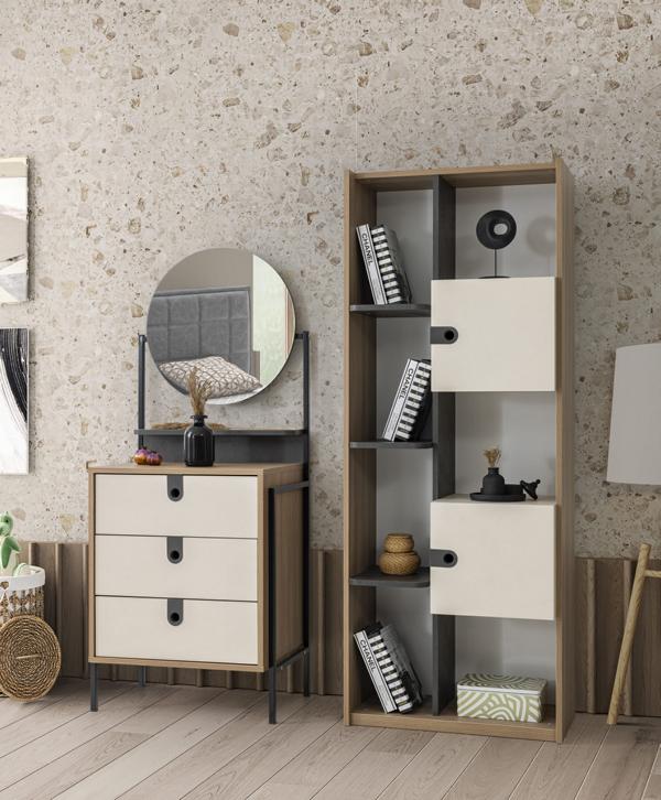 Modernes Set aus Kommode mit Spiegel und Bücherregal in Holzoptik und Creme