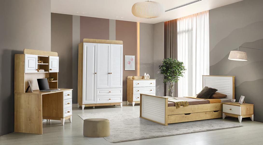 Kinderzimmer Set Bett Nachttisch Kommode Kleiderschrank Schreibtisch 5tlg.