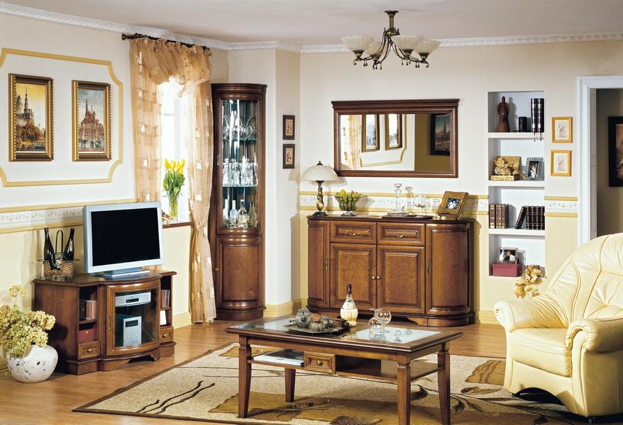 Stilvoller Wohnwand TV Lowboard Holzmöbel Eckvitrine Sideboard mit Spiegel Set