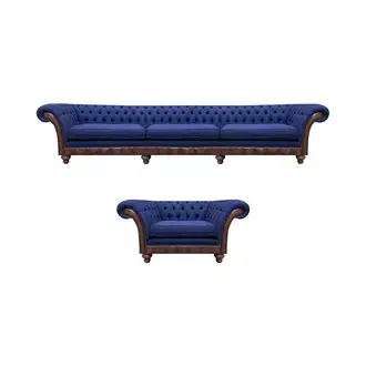 Blaue Chesterfield Polstermöbel Designer 3-Sitzer Sofa Stoffsessel 2tlg