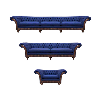 Designer Chesterfield Couchgarnitur Edler Blauer Dreisitzer Sessel 3tlg
