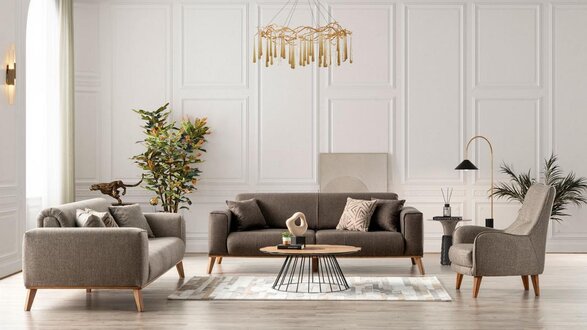 Geräumige 3+3+1 Sofagarnitur Modernes Design Stoffsofa Set Braun Möbel