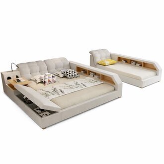 Design Leder Betten Hotel Doppel Ablage Regal 180x200 Multifunktions Grau Sofort