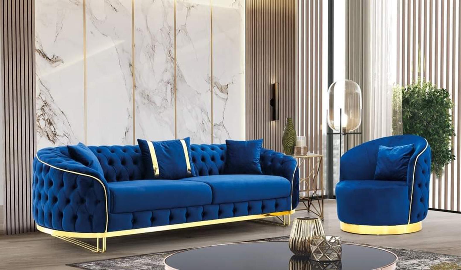 Designer Blau Farbe Wohnzimmer Set aus 3-Sitzer Sofa und Sessel 2tlg. Sofort