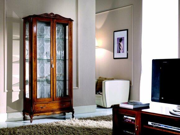 Designer Luxus Holz Vitrine Braun 2 Glas Türen 1 Schublade Italienische Möbel