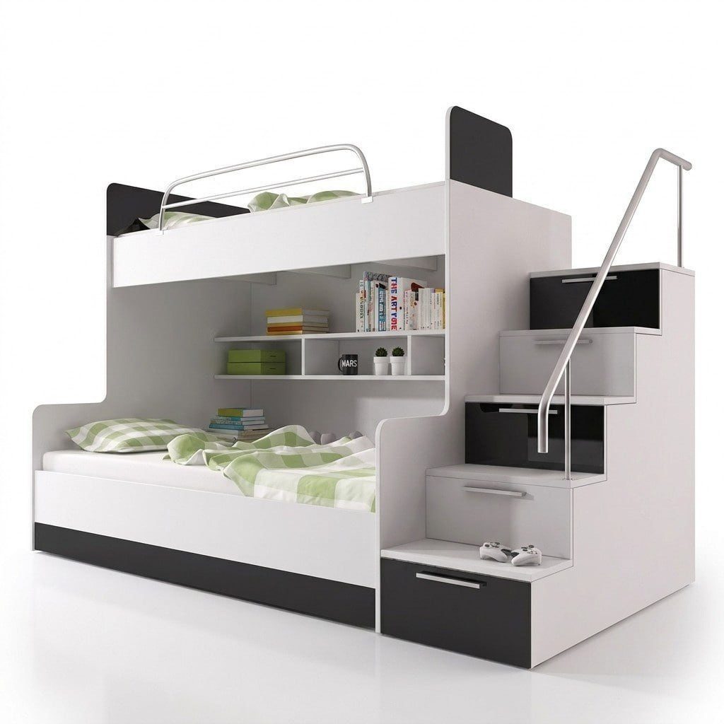 Etagenbett Modernes Hochbett mit Treppe und Stauraum Schwarz Weiß Sofort