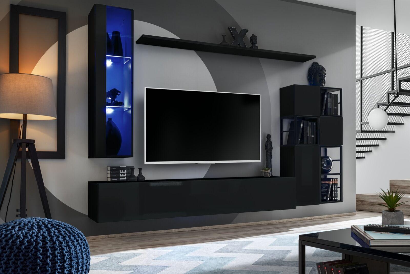 Garnitur Wohnzimmer Wohnwand 250 cm Schwarz Einrichtung Holzmöbel Wandschrank