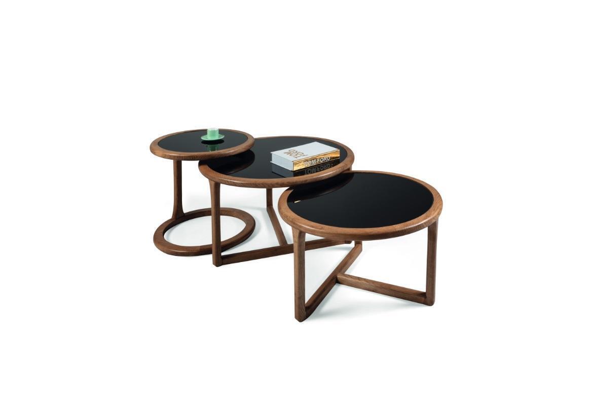 Designer Couchtisch Set 3tlg. Wohnzimmer holz Moderne braun Glastisch Rund Luxus