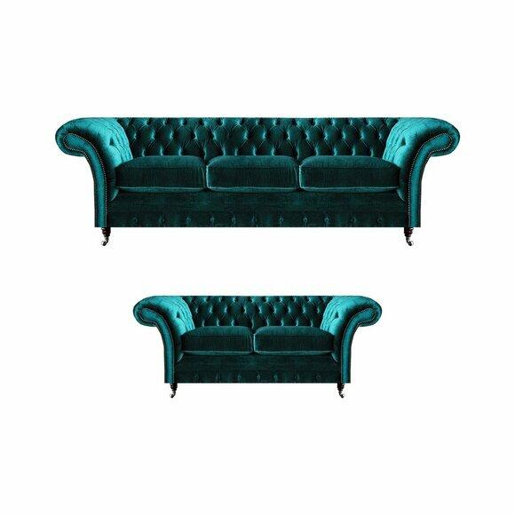 Chesterfield Luxus Design Einrichtung Grün Dreisitzer mit Zweisitzer Sofas