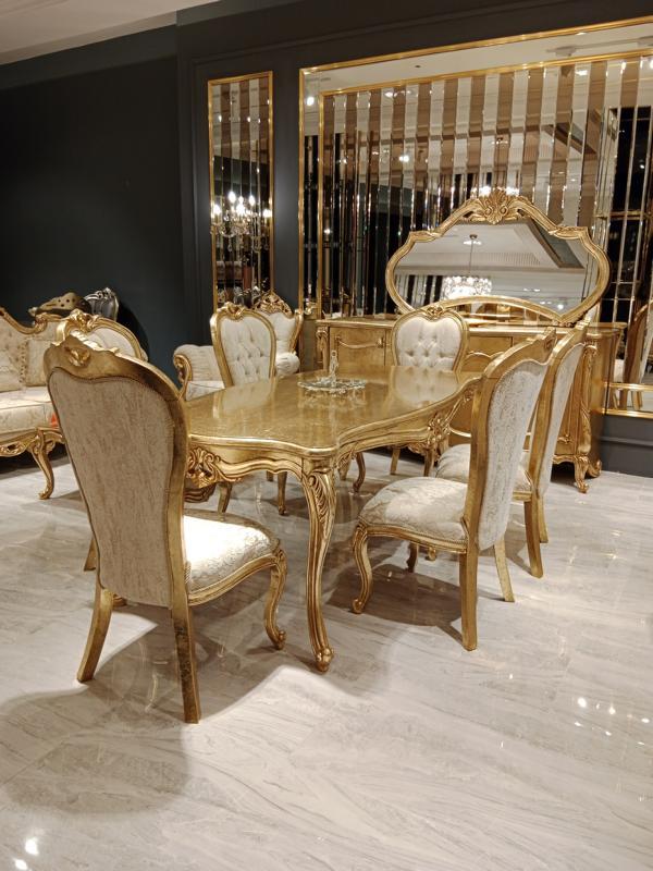 Klassisch Esstisch + 6x Stühle + Anrichte mit Spiegel Gold Holz Kommode