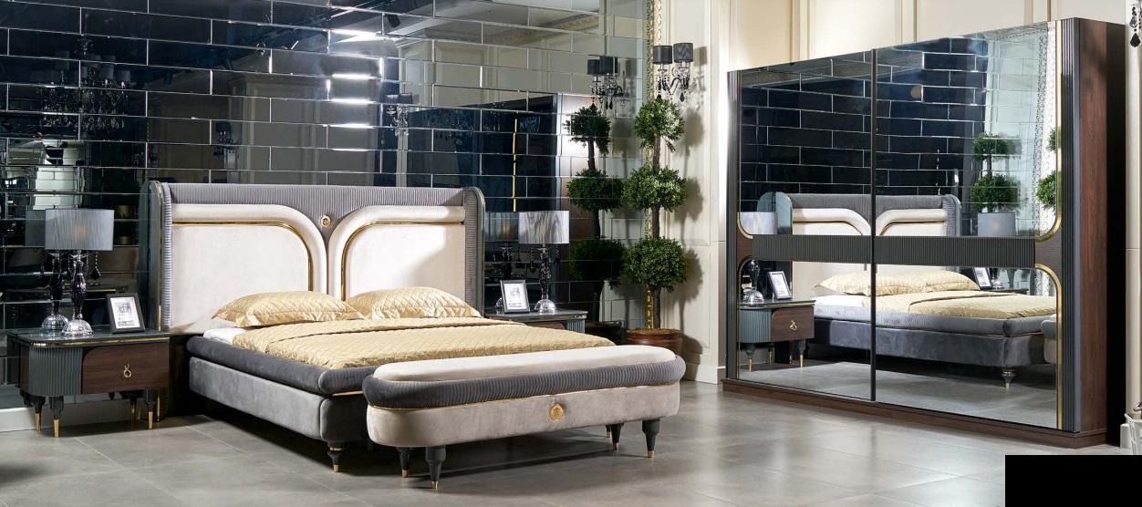 Garnitur Schlafzimmer Bett Nachttisch Kleiderschrank Hocker Luxus Design 5tlg