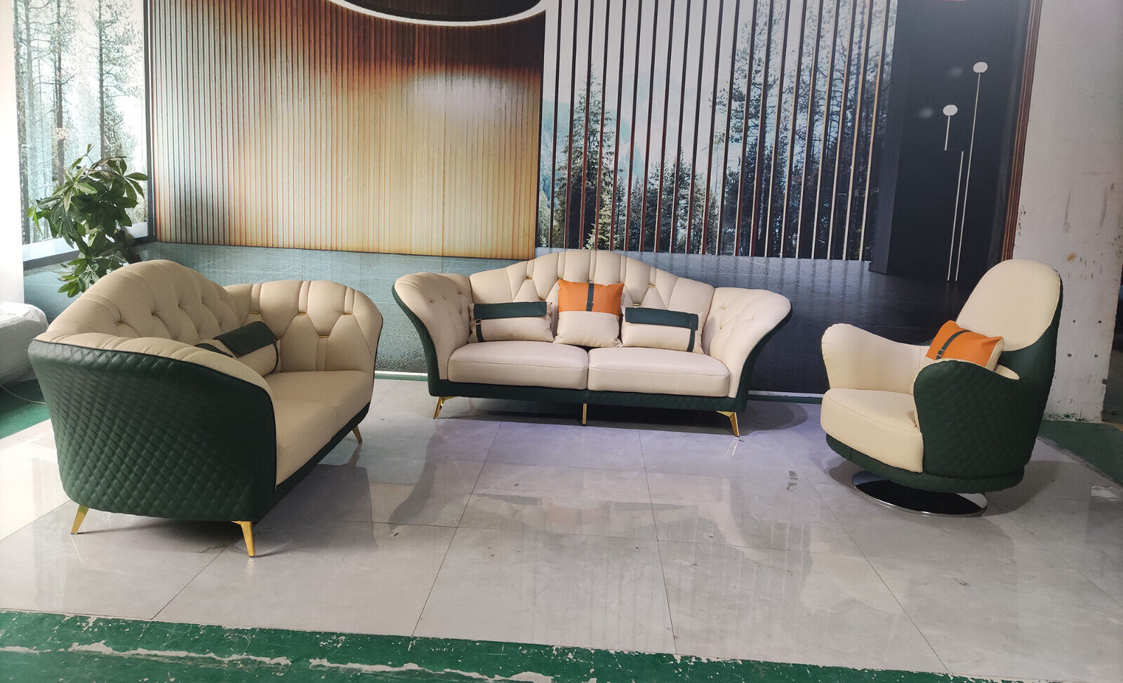 Sofagarnitur 3+2+1 Sitzer Leder Sofa Couch Garnitur Design Beige Grün Sofort