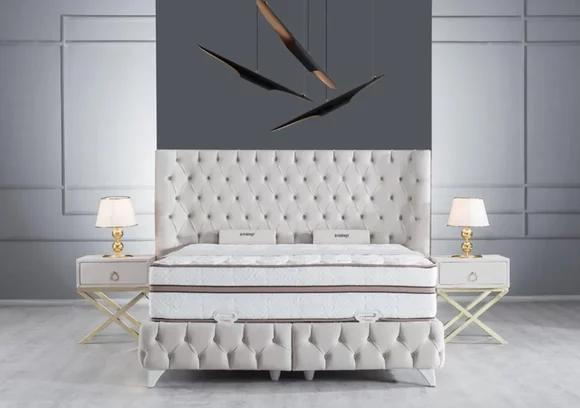 Schlafzimmer Set Weiß Boxspring Bett Chesterfield 2x Nachttische 3tlg.