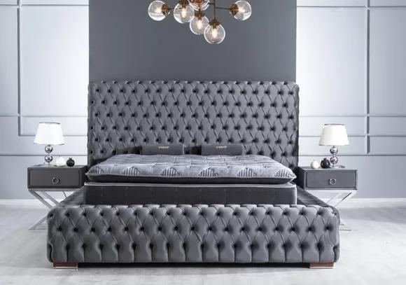 Schlafzimmer Chesterfield Bett 3tlg. 2x Nachtische Samt mit Matratze