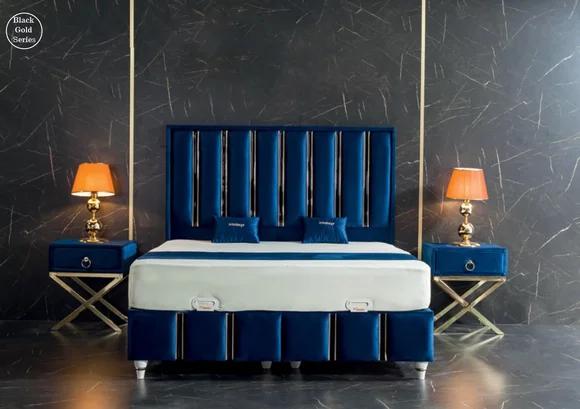 Schlafzimmer Set Blau Metall Bett Elegantes Stil 2x Nachttische 3tlg.