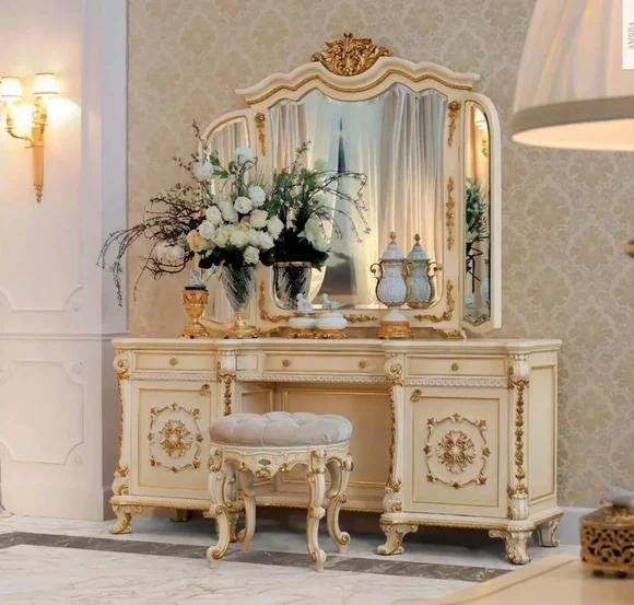 Barock Schminktisch Spiegel Konsole Tische Holz Beige Set Schlafzimmer