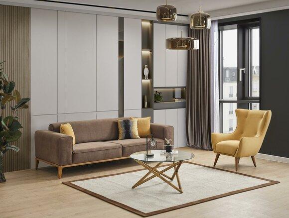 Sofagarnitur Sofa 4 Sitzer Sessel Gelb Stoff Btaun Modern Viersitzer