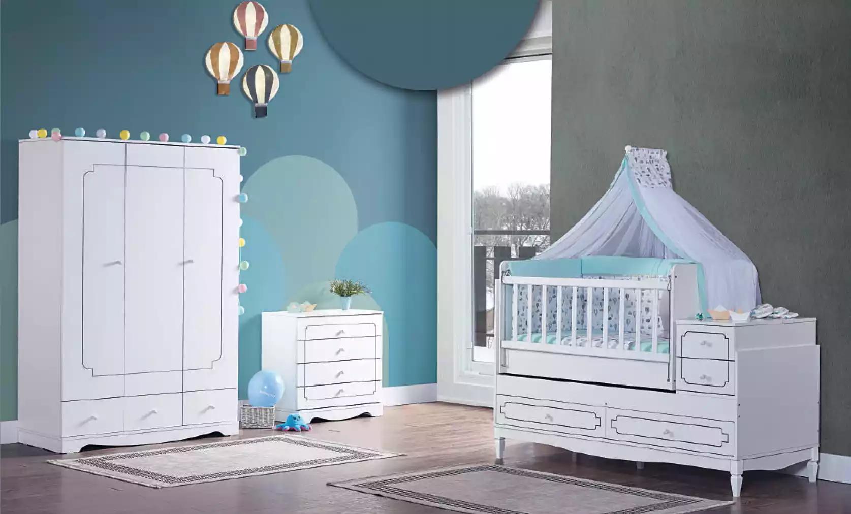 Säugling Zimmer Kinderzimmer Bett Weiß Baby Schrank Kommode 3tlg.