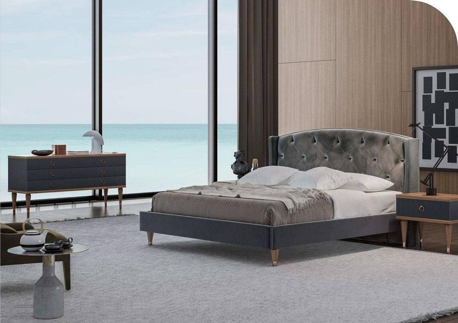 Graue Schlafzimmer Garnitur Luxus Set Doppelbett 2x Nachttische Kommode