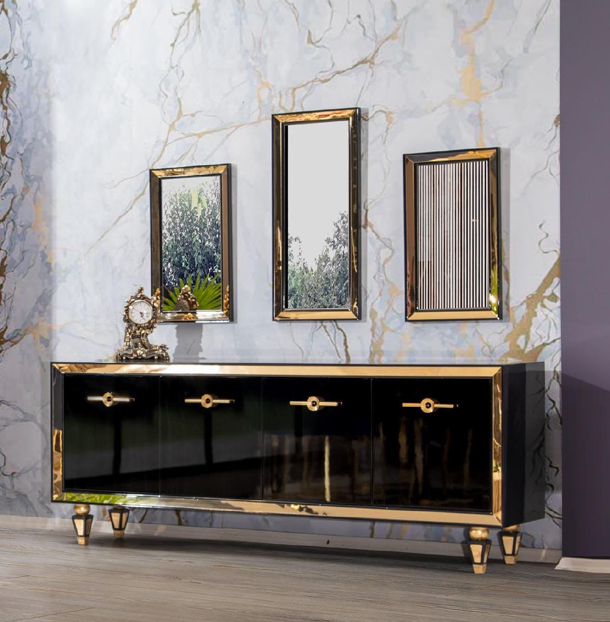 Schwarzes Edelstahl Sideboard mit Spiegel Kommode Holz Schrank Neu Set