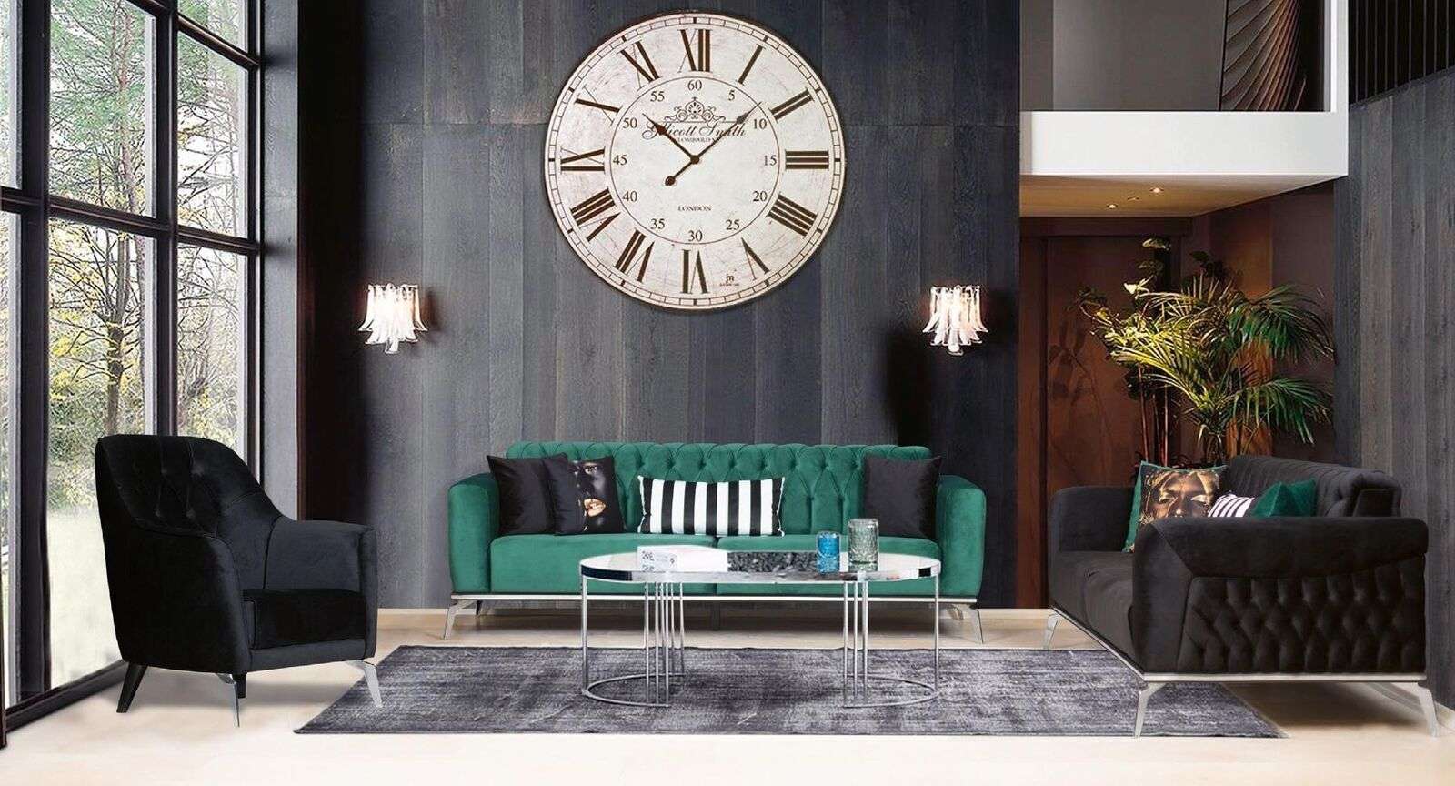 Modernes Wohnzimmer Set 2 weiche Chesterfield Sofas + moderner schwarzer Sessel