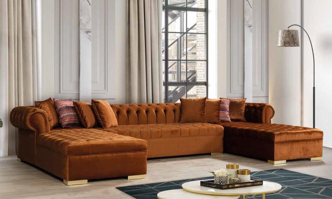Chesterfield Wohnlandschaft Ecksofa Couch Orange Samt Stoff Eckcouch