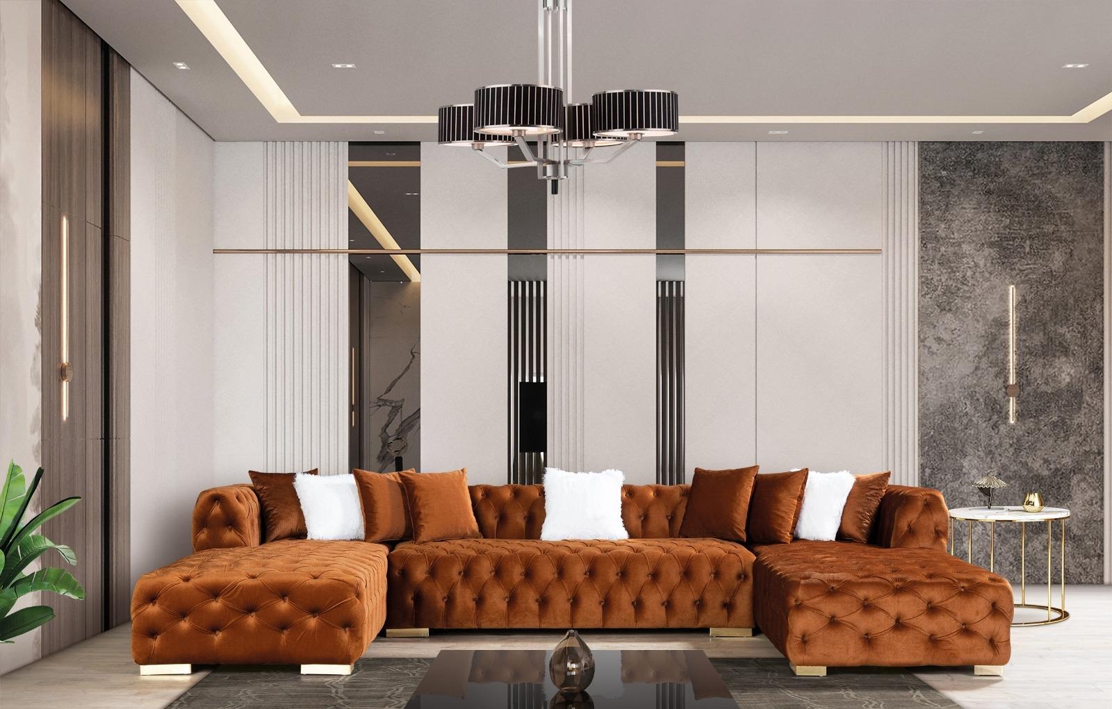 Wohnlandschaft Chesterfield Ecksofa Couch Gold Samt Stoff Eckcouch