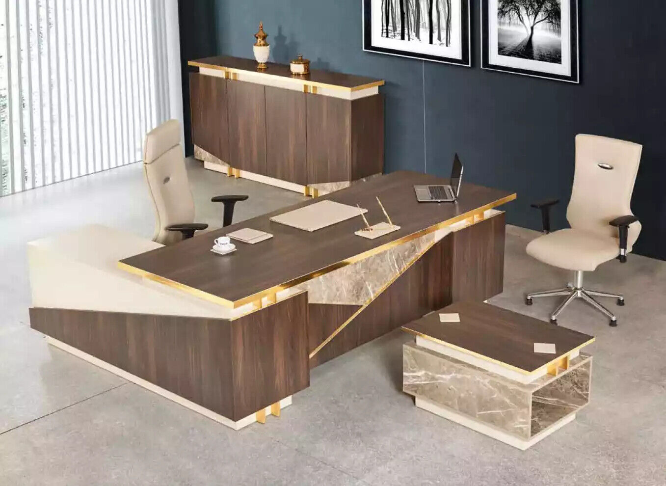 Arbeitszimmermöbel Eckschreibtisch Luxus Büroschrank Couchtisch 3tlg