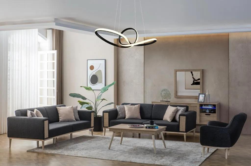 Designer Schwraze Sofagarnitur Luxus Wohnzimmer Couchen Holzgestell Set