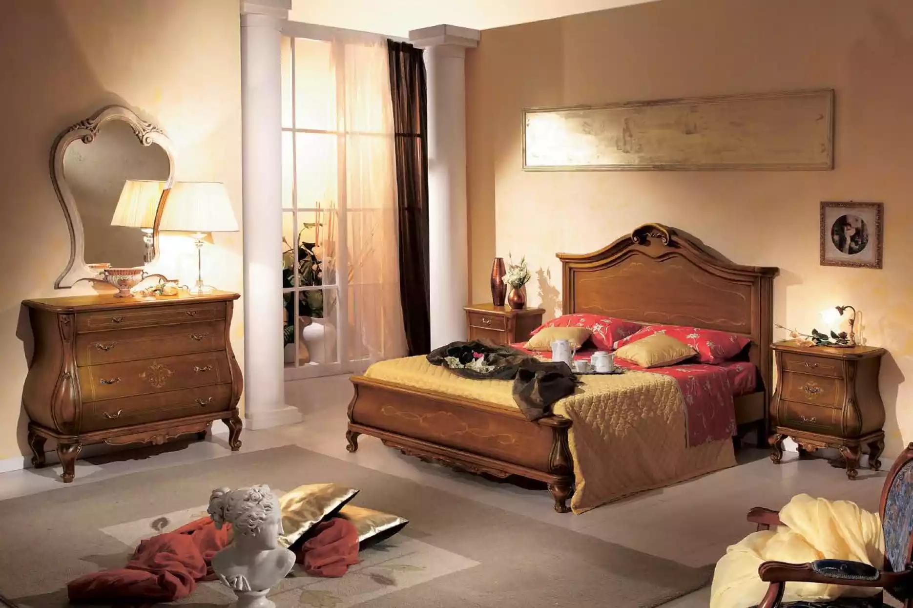 Braunes Schlafzimmer Set Bett 2x Nachttische Kommode Spiegel Klassisch