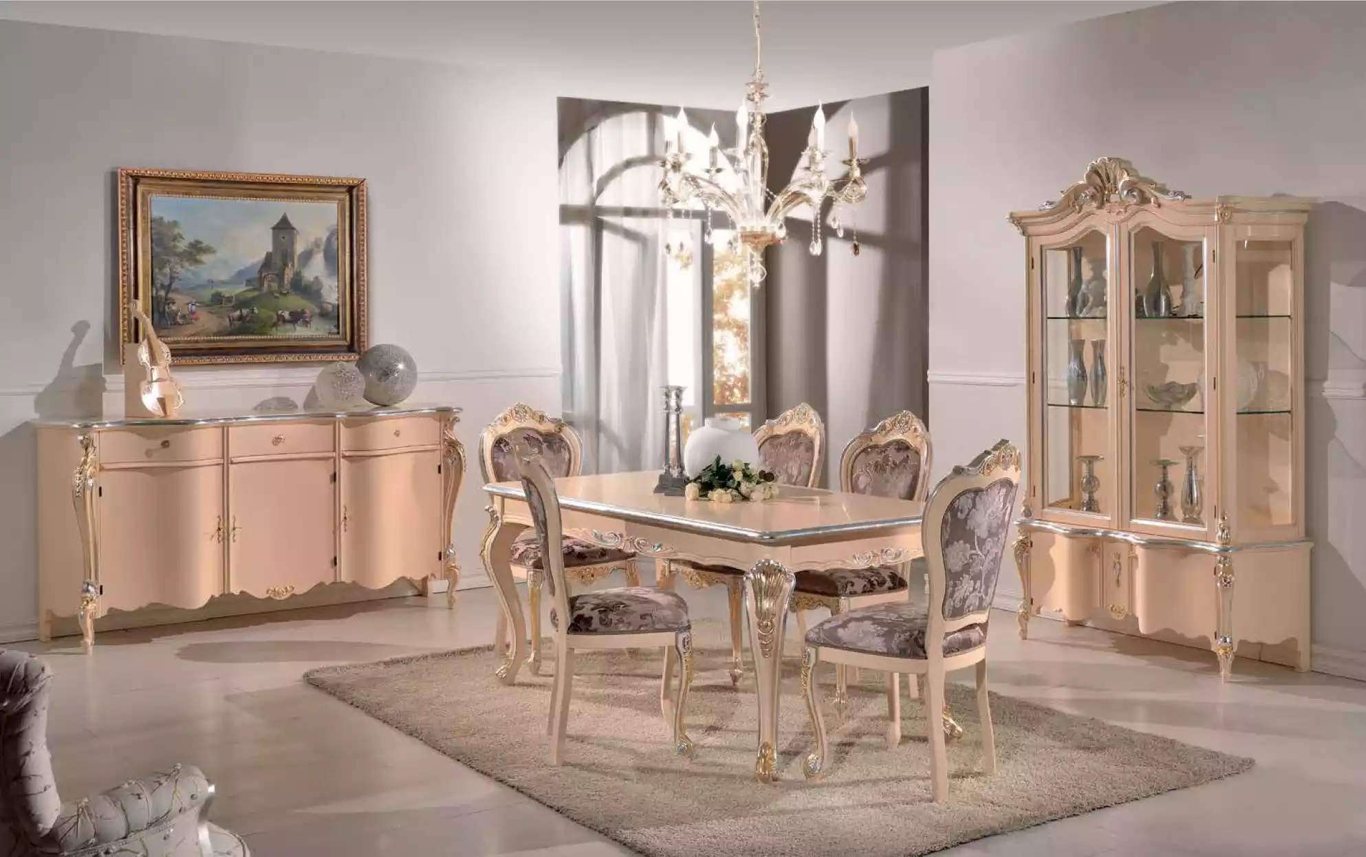 Esszimmer Möbel Esstisch Vitrine Kommode 4x Stühle Essgruppen 7 tlg Garnitur