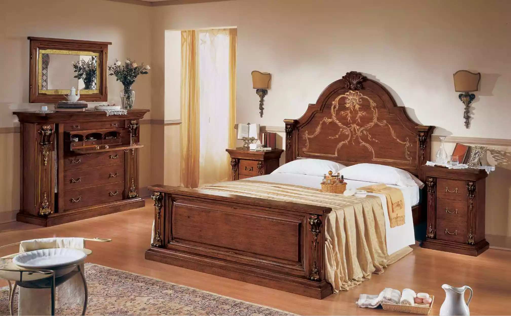 Klassisches Braunes Schlafzimmer Set Bett 2x Nachttische Kommode Set 5tlg