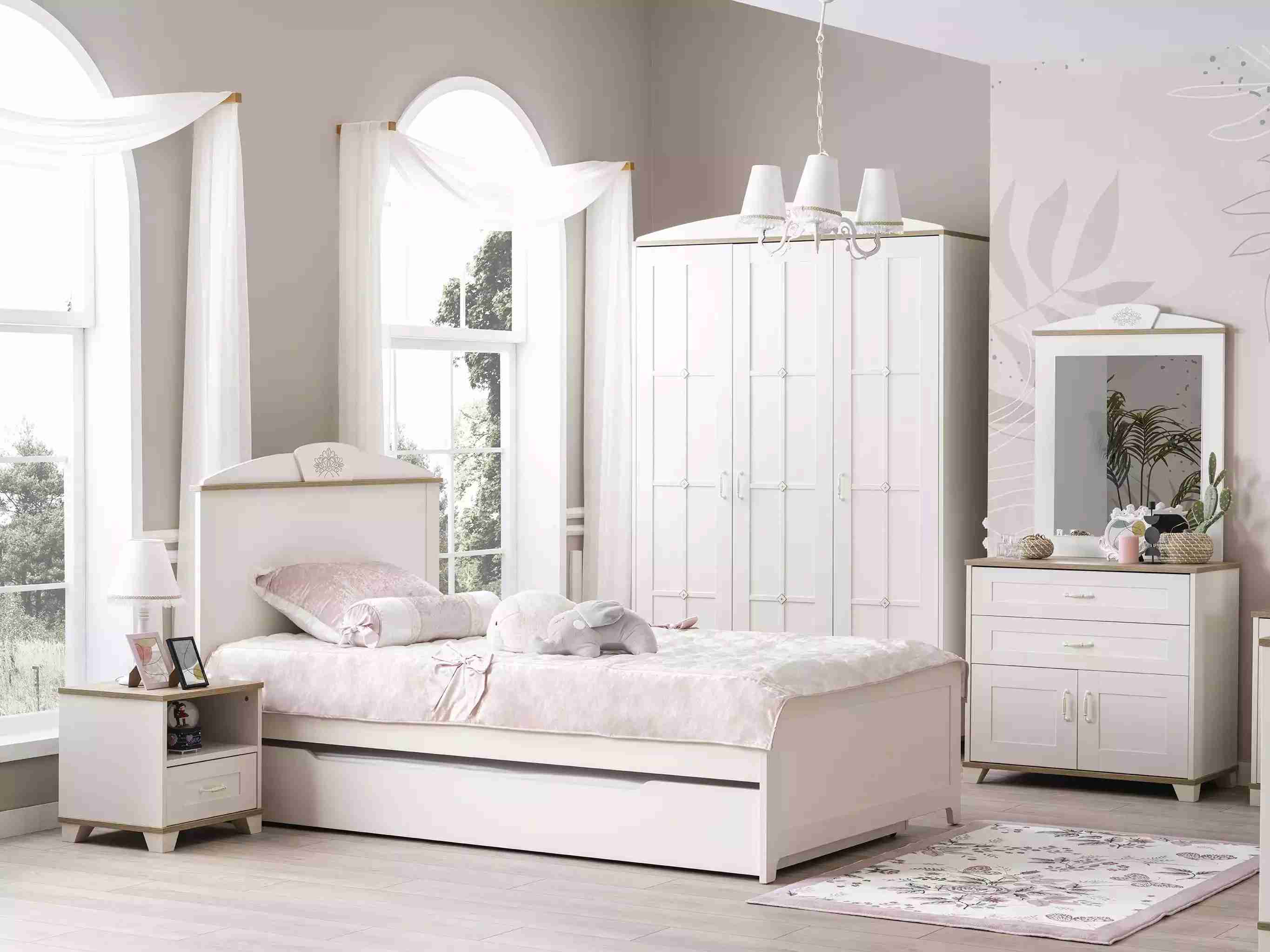 Funktionsbett Ausziehbares Kinderbett Bett Weiß Set 5tlg Holzbett