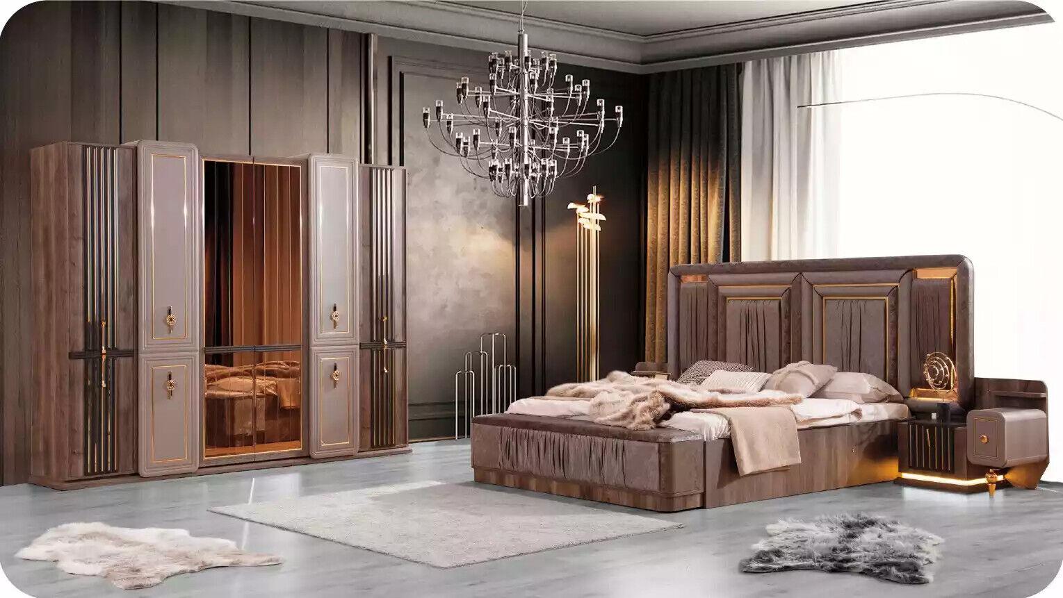 Komplette Schlafzimmermöbel Luxus Bett Set 4tlg Doppelbett Beige Stoff