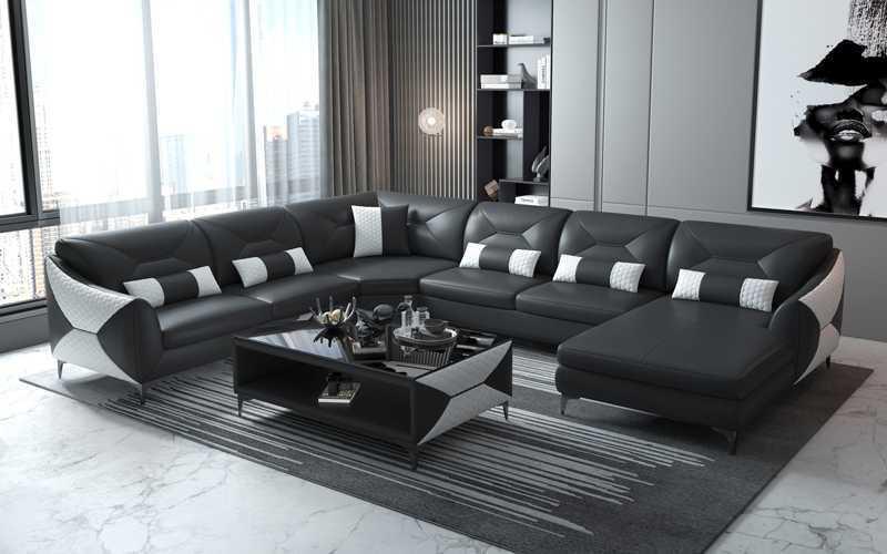 Groß Wohnlandschaft Sofa U Form Ecksofa Ledersofa Schwarz Kunstleder