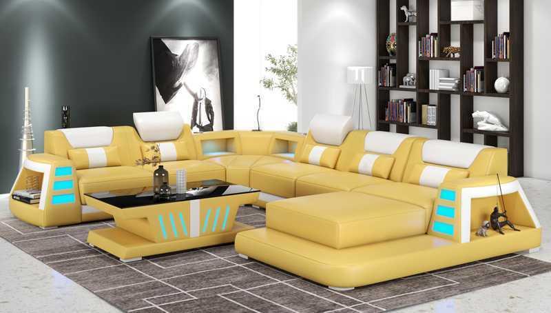 Couch Zeitgenössisch Ecksofa U Form Gelb Wohnlandschaft Ledersofa Sofa