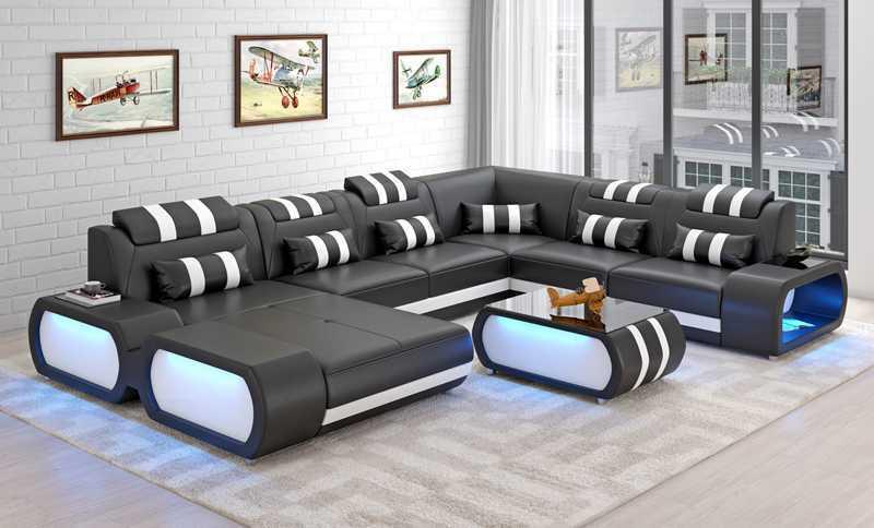 Moderne XXL Sofa U Form Groß Ecksofa Ledersofa Schwarz Kunstleder