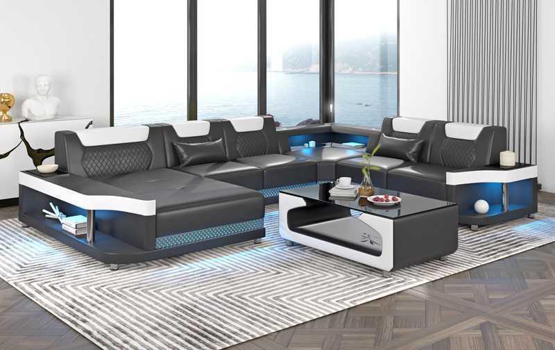 Großes Sofa Wohnlandschaft LED XXL U Form Ecksofa Ledersofa Schwarz