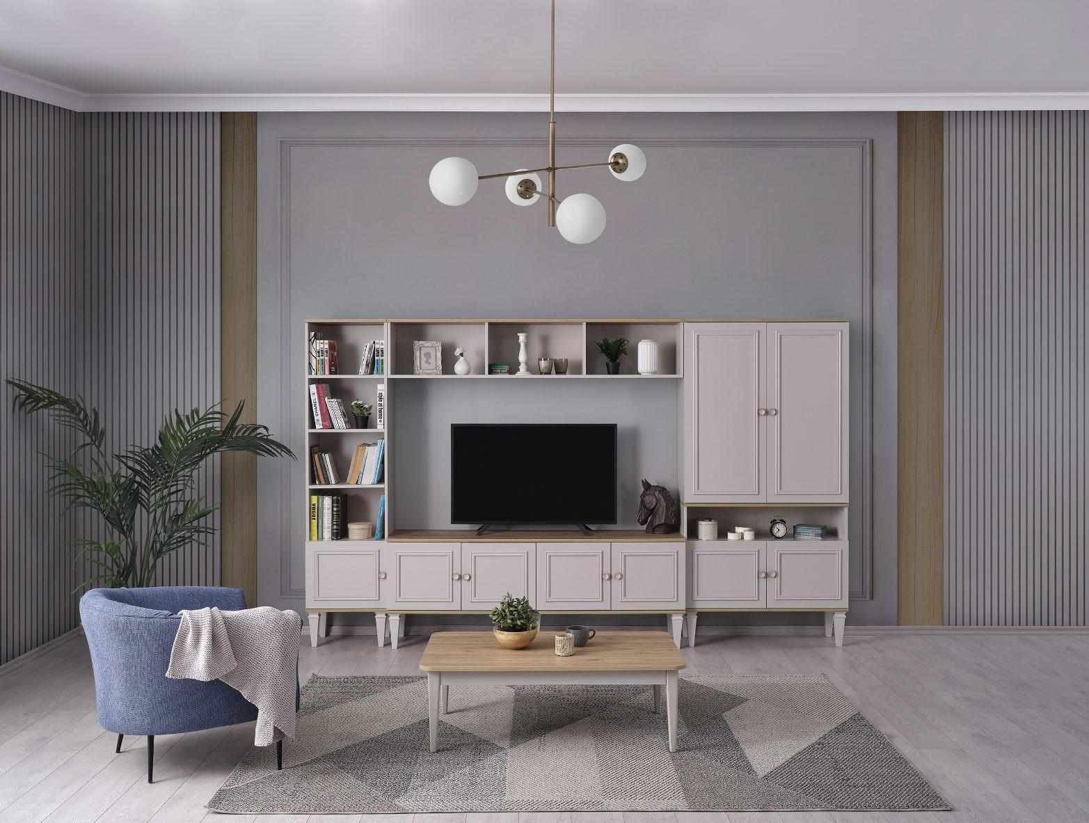 Wohnwand Wohnzimmerwand TV Ständer Holz RTV Lowboard Grau Regale Set
