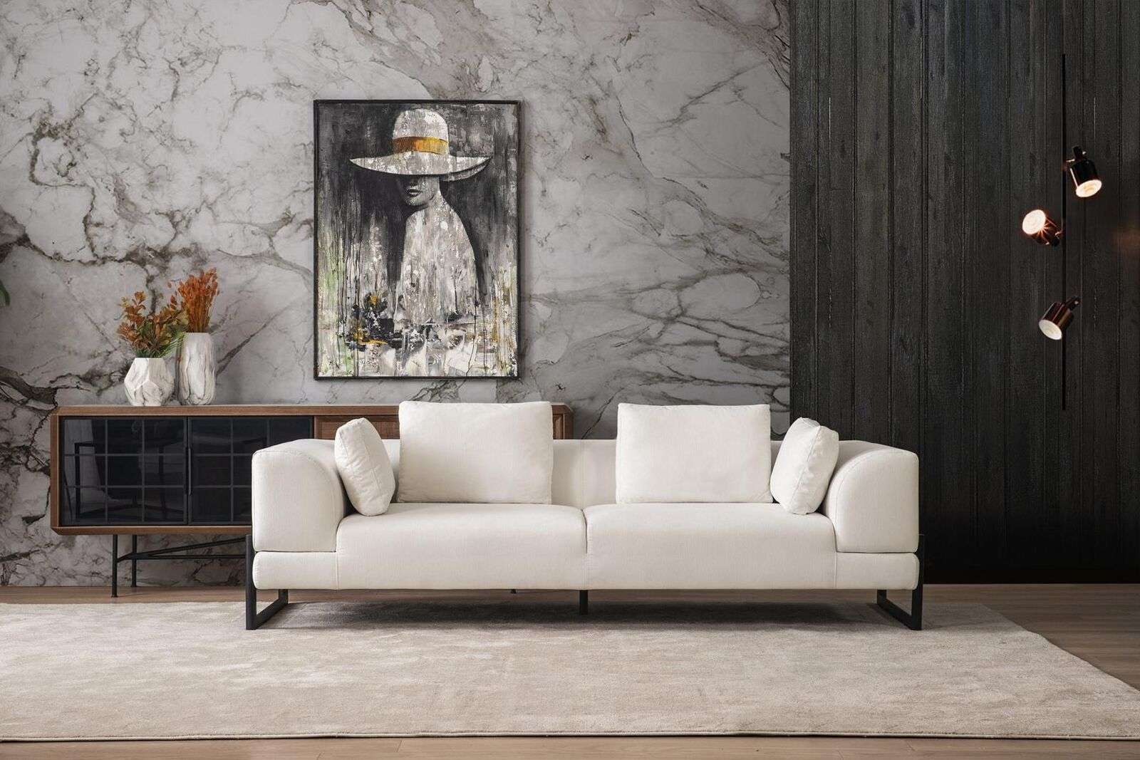 Dreisitzer Sofa 3 Sitzer Polstersofa Weiß Stoff Stoffsofa Holz Sofas