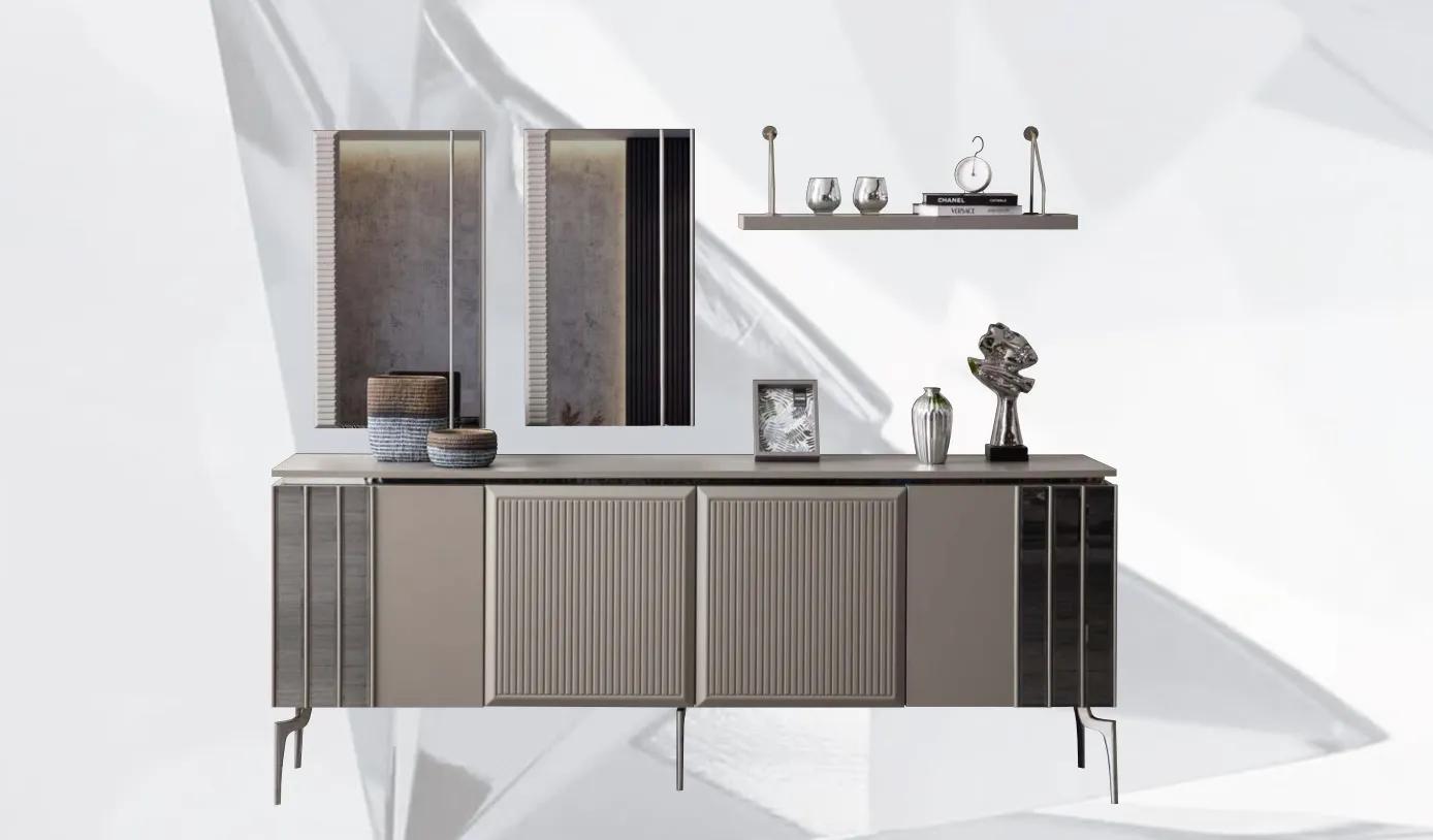 Garnitur Sideboard mit Spiegel Schrank Anrichte Grau Kommode Holz