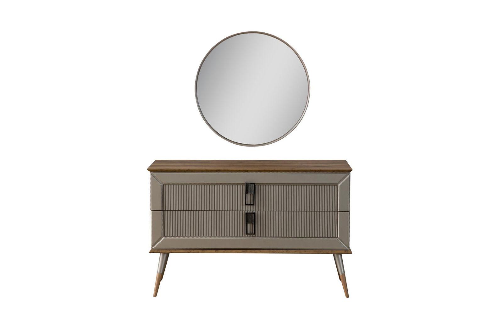 Braune Designer Kommode Edler Rundspiegel Luxus Schminktisch Set 2tlg