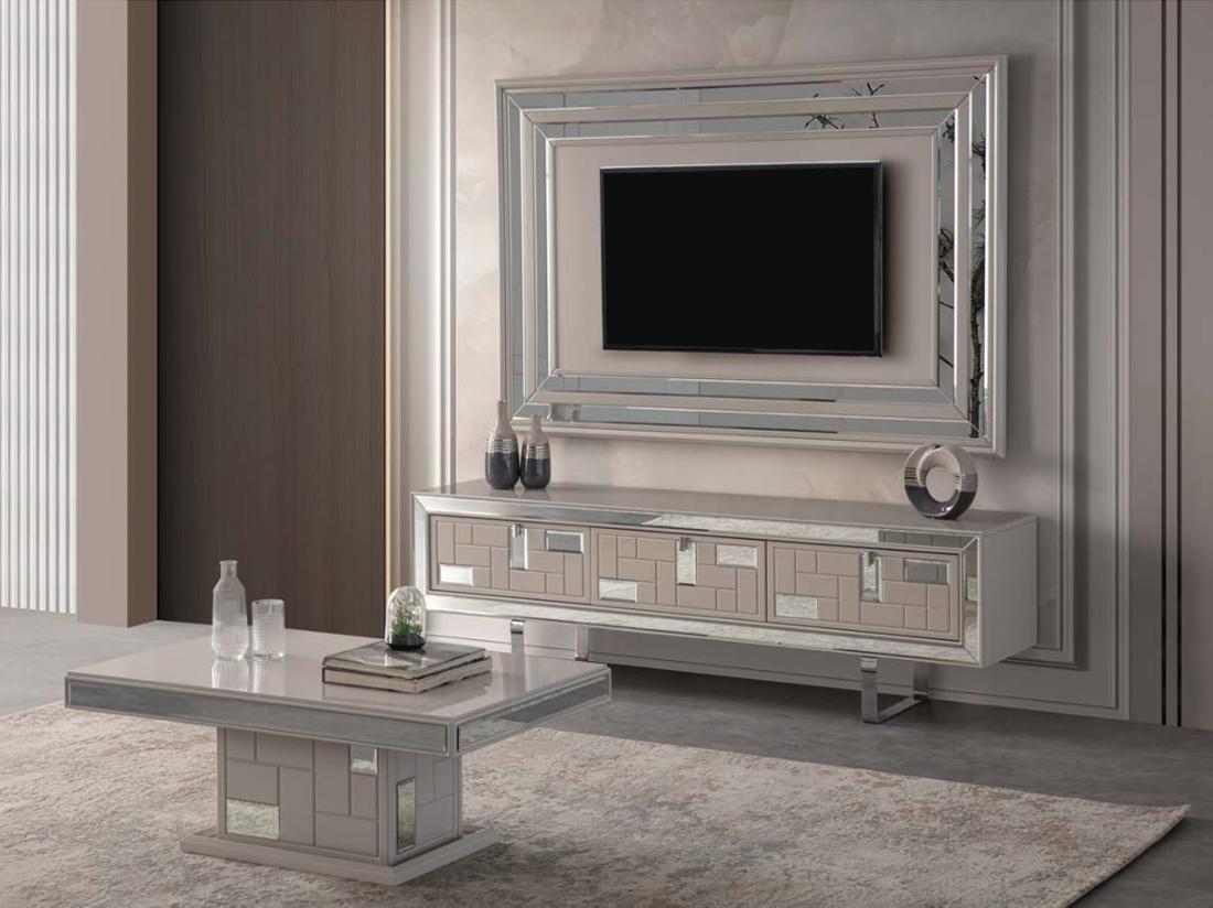Luxus Wohnwand TV Ständer Wandpanel Couchtisch RTV Lowboard 3tlg Weiß