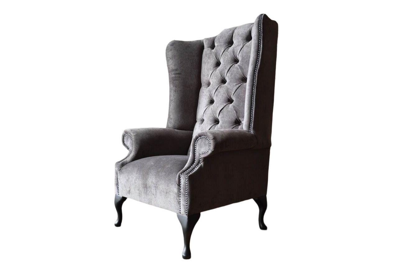 Ohrensessel Sessel Grau Design Polster Samt Couch Chesterfield Textil